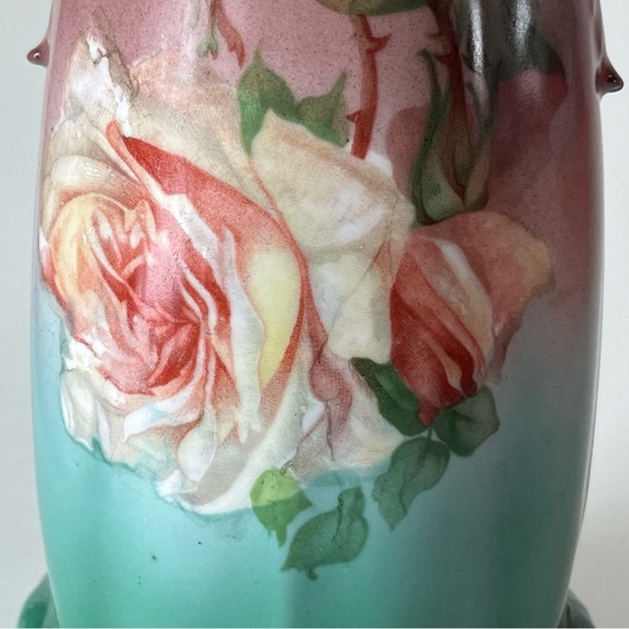 Beautiful Porcelain Pitcher 9.5" Tall" 5” Wide ~ Rose~ Gold Gild~ Green~Burgundy - Picture 11 of 12